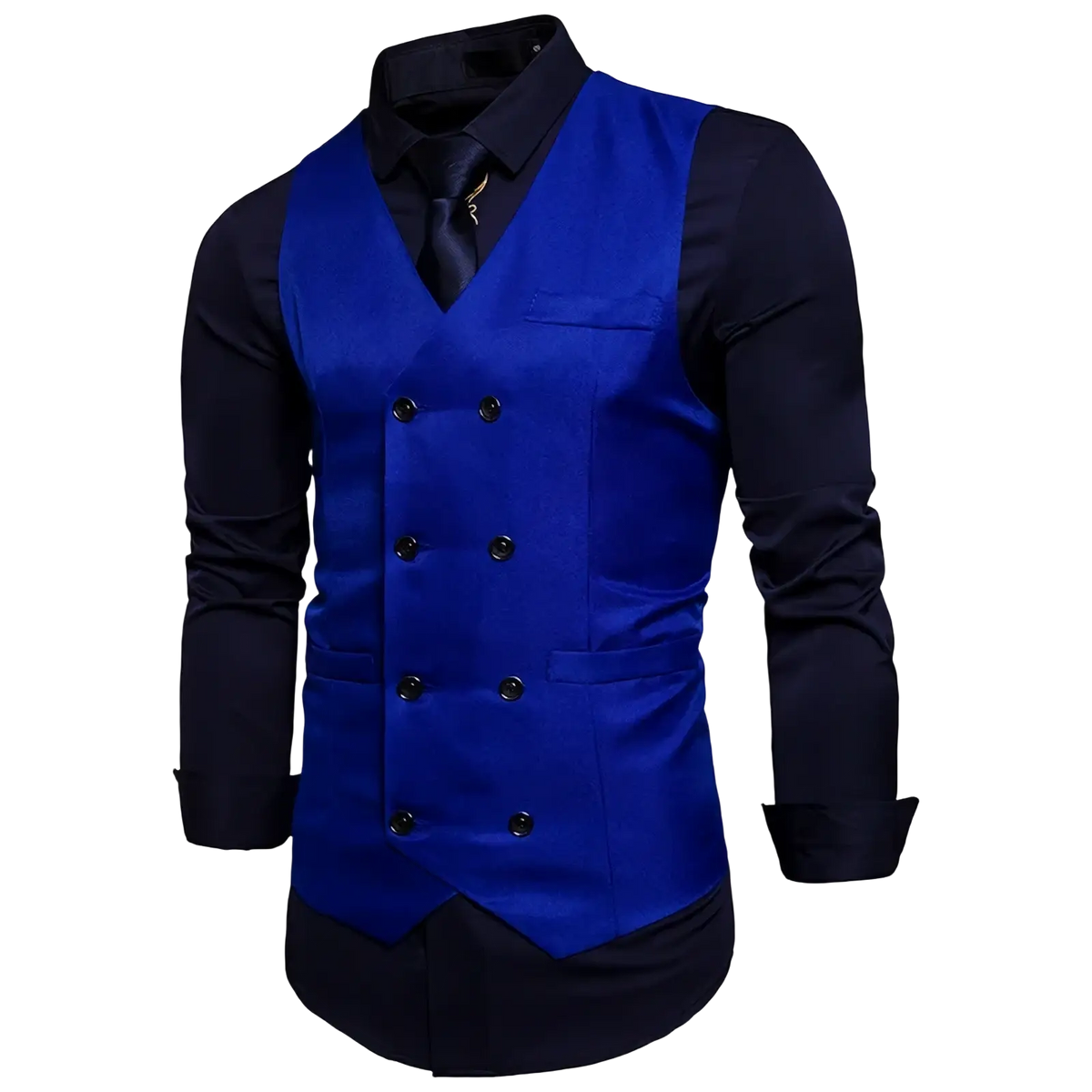Men double breasted slim fit suit vest in vibrant royal blue with black buttons and sleek satin finish