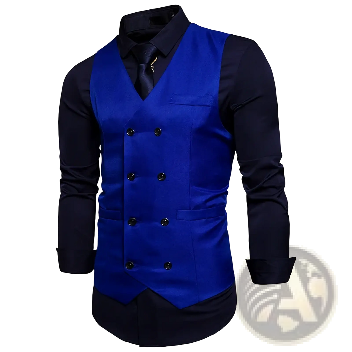 Men double breasted slim fit suit vest in vibrant royal blue with black buttons and sleek satin finish