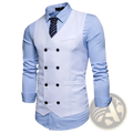 Men double breasted slim fit suit vest in light blue with black buttons and matching collared shirt underneath
