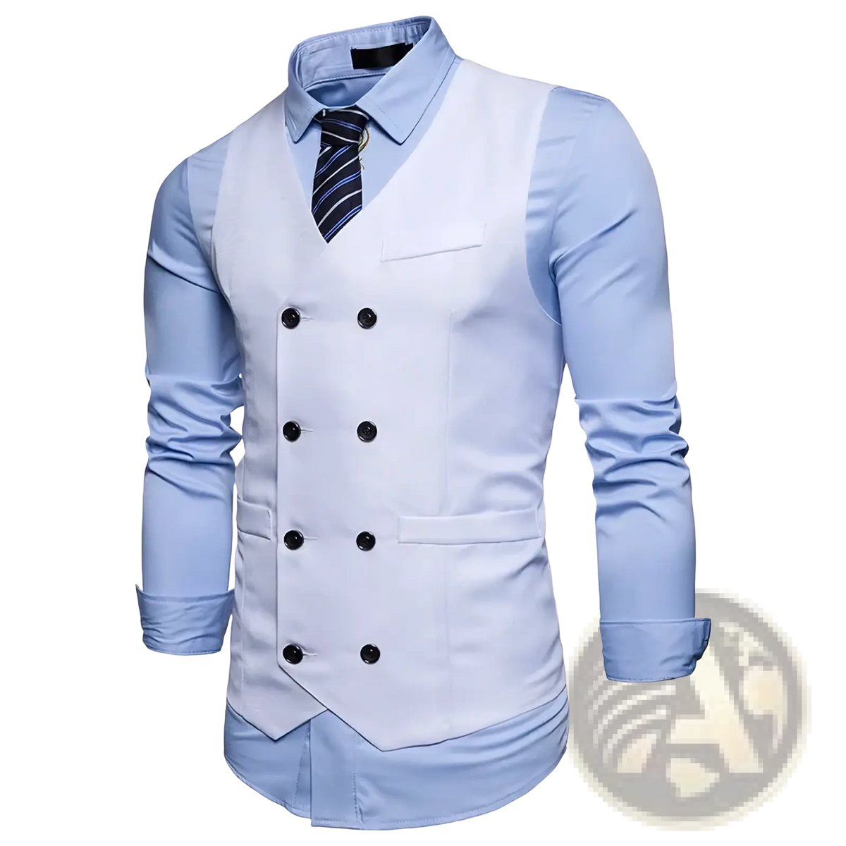 Men double breasted slim fit suit vest in light blue with black buttons and matching collared shirt underneath
