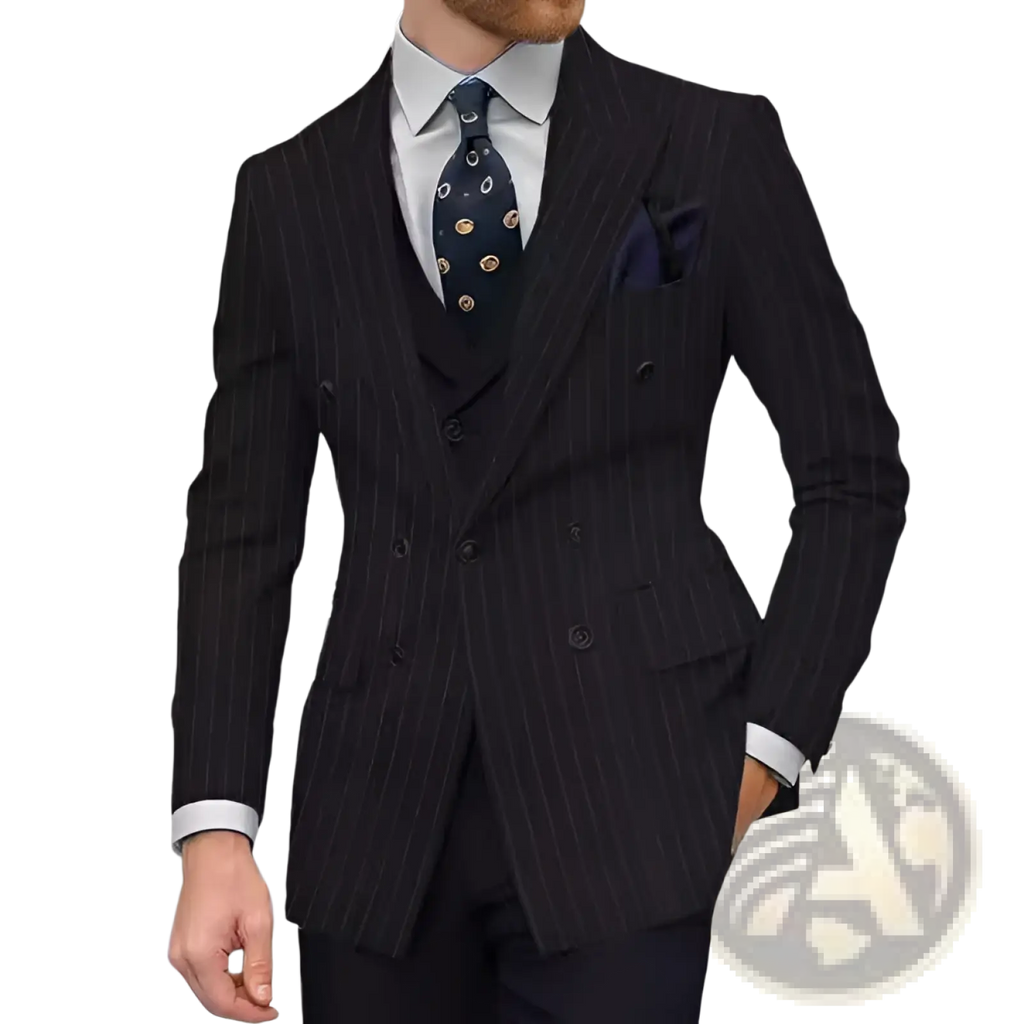 Men double breasted slim suit jacket in black pinstripe with matching vest and pocket square for formal wear
