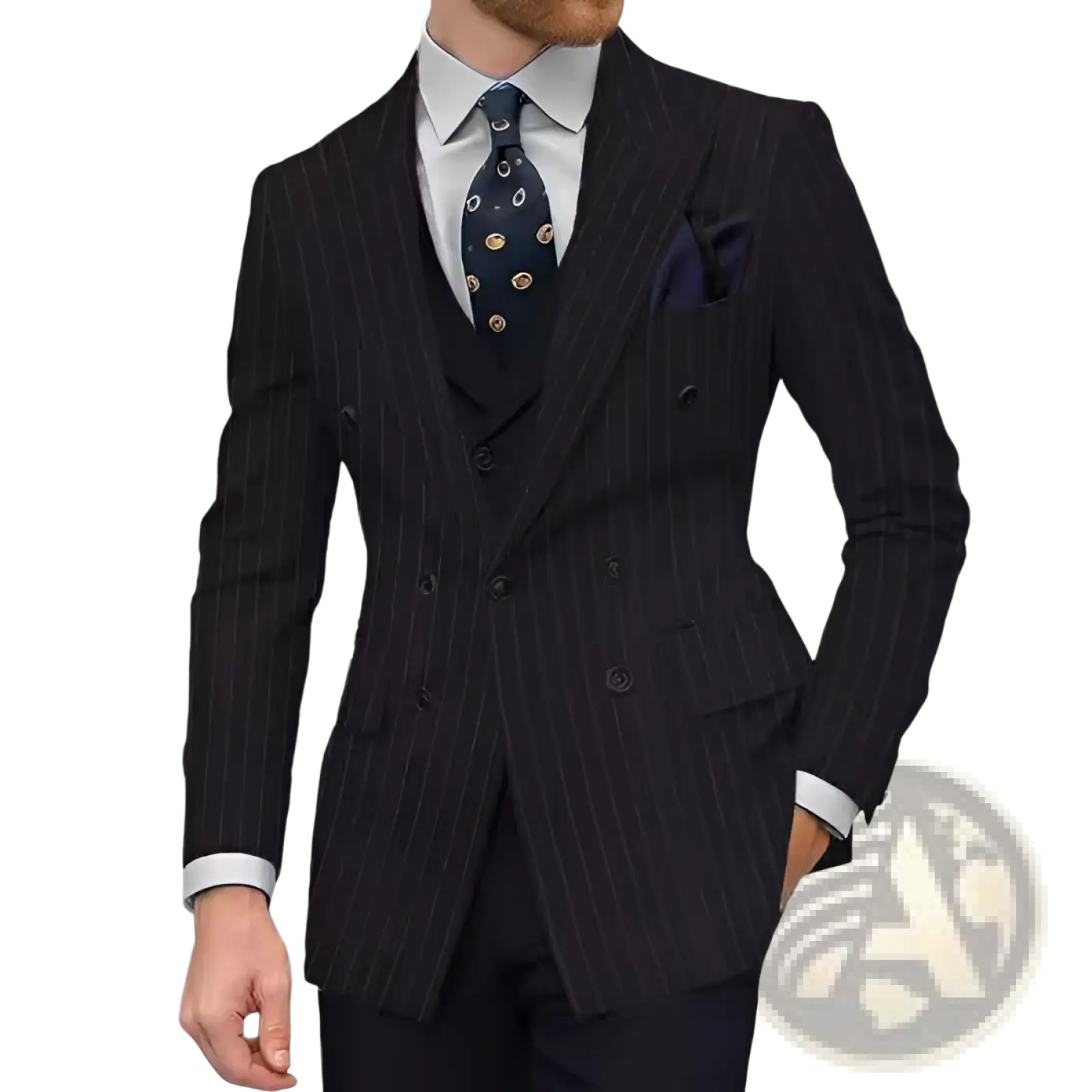 Men double breasted slim suit jacket in black pinstripe with matching vest and pocket square for formal wear