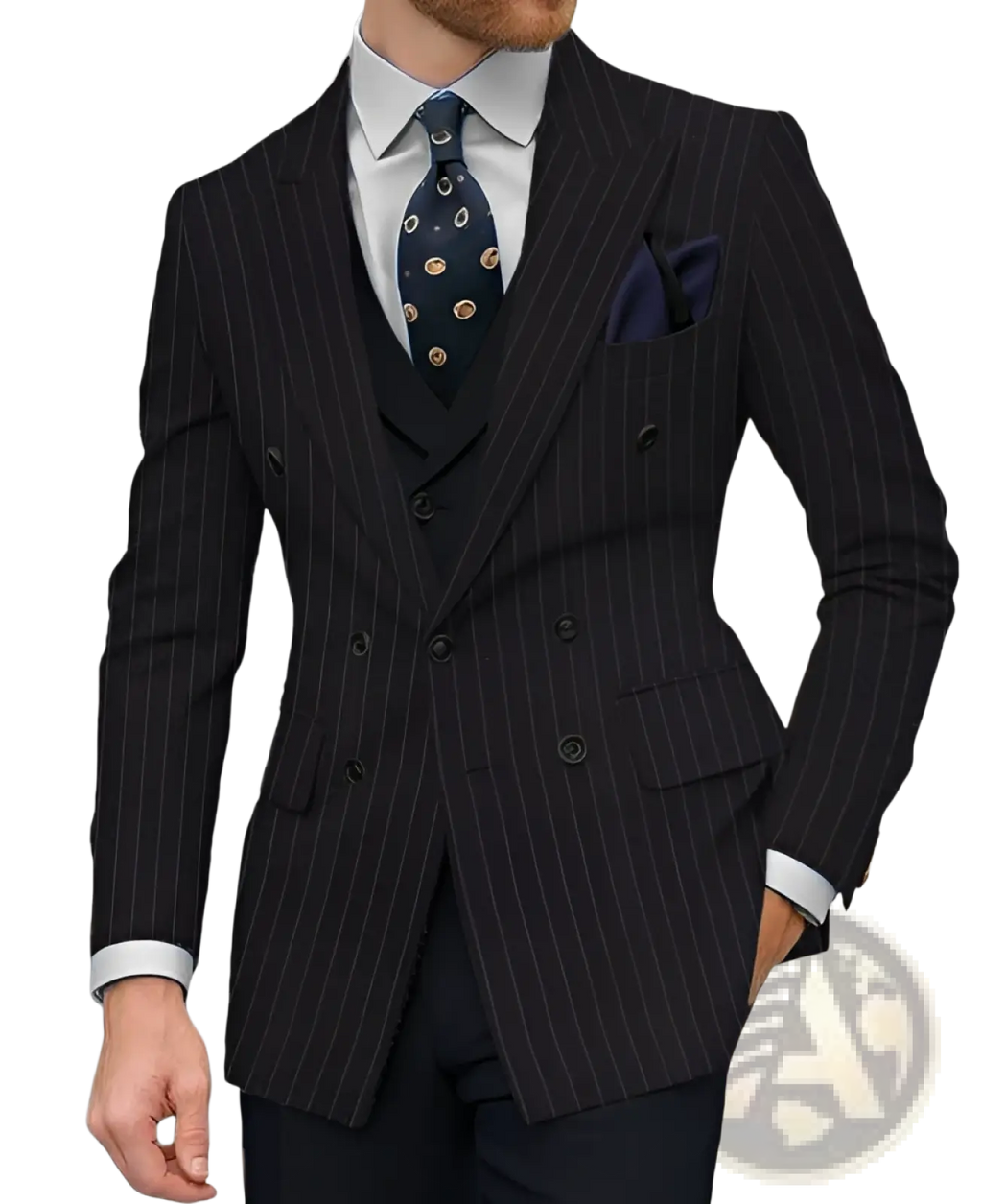Men double breasted slim suit jacket in dark navy pinstripe with subtle sheen featuring matching vest and pocket square
