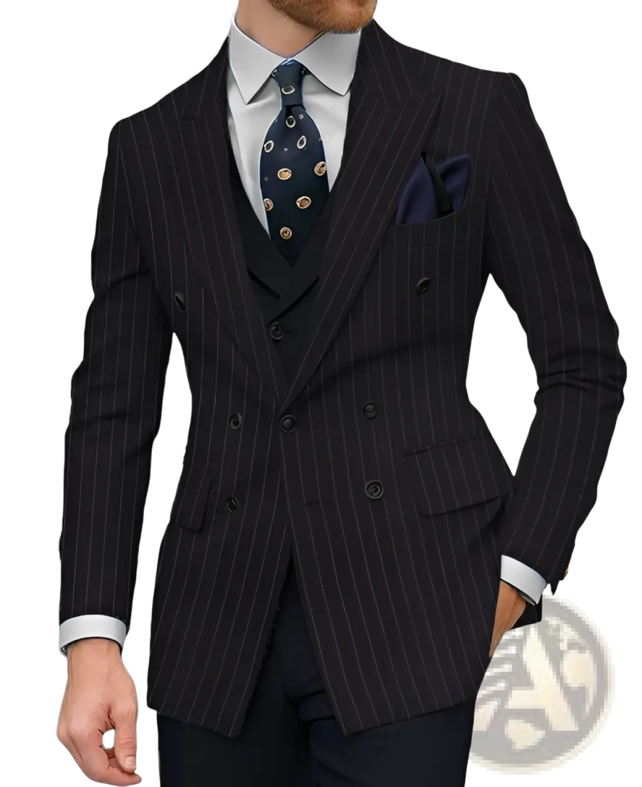 Men double breasted slim suit jacket in dark navy pinstripe with subtle sheen featuring matching vest and pocket square