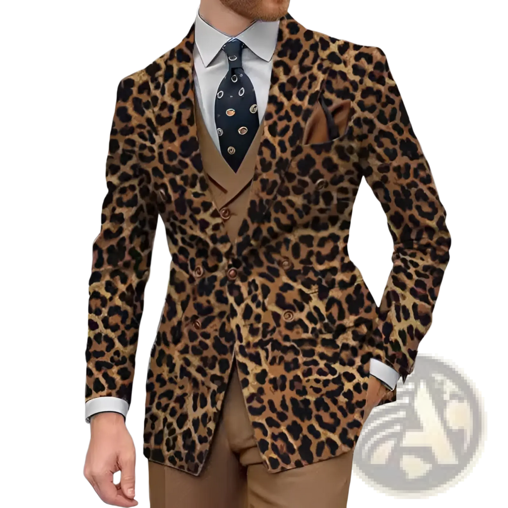 Men double breasted slim suit jacket in leopard print with bold tan and black textured fabric design