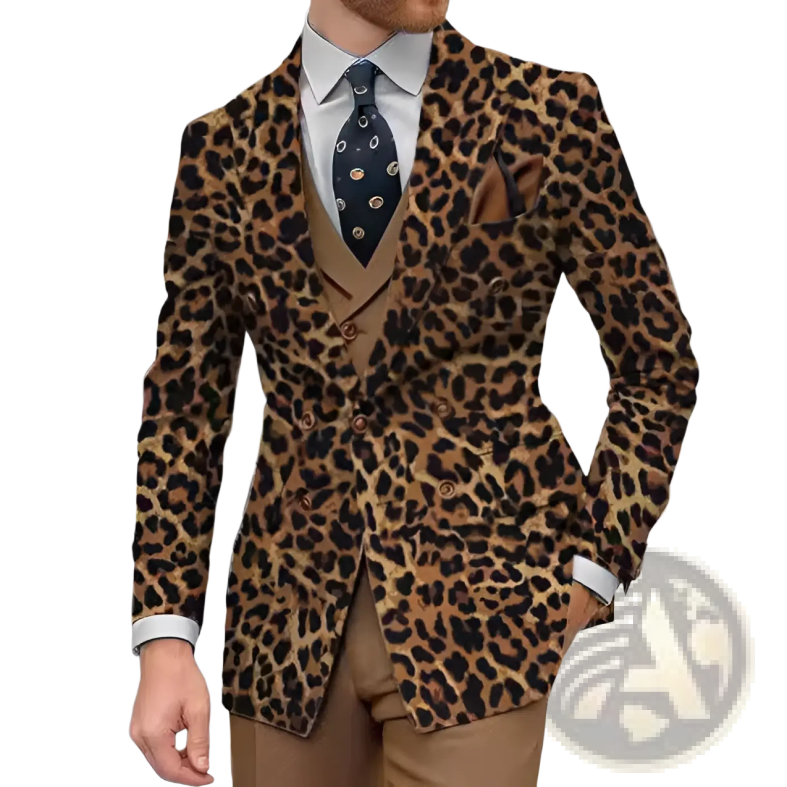 Men double breasted slim suit jacket in leopard print with bold tan and black textured fabric design