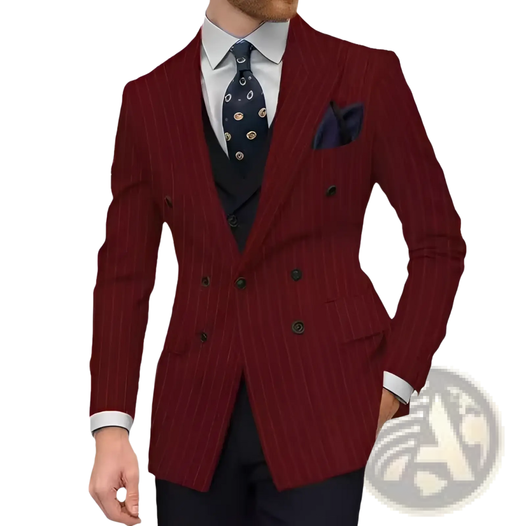 Men double breasted slim suit jacket in rich burgundy with fine vertical pinstripes and dark buttons