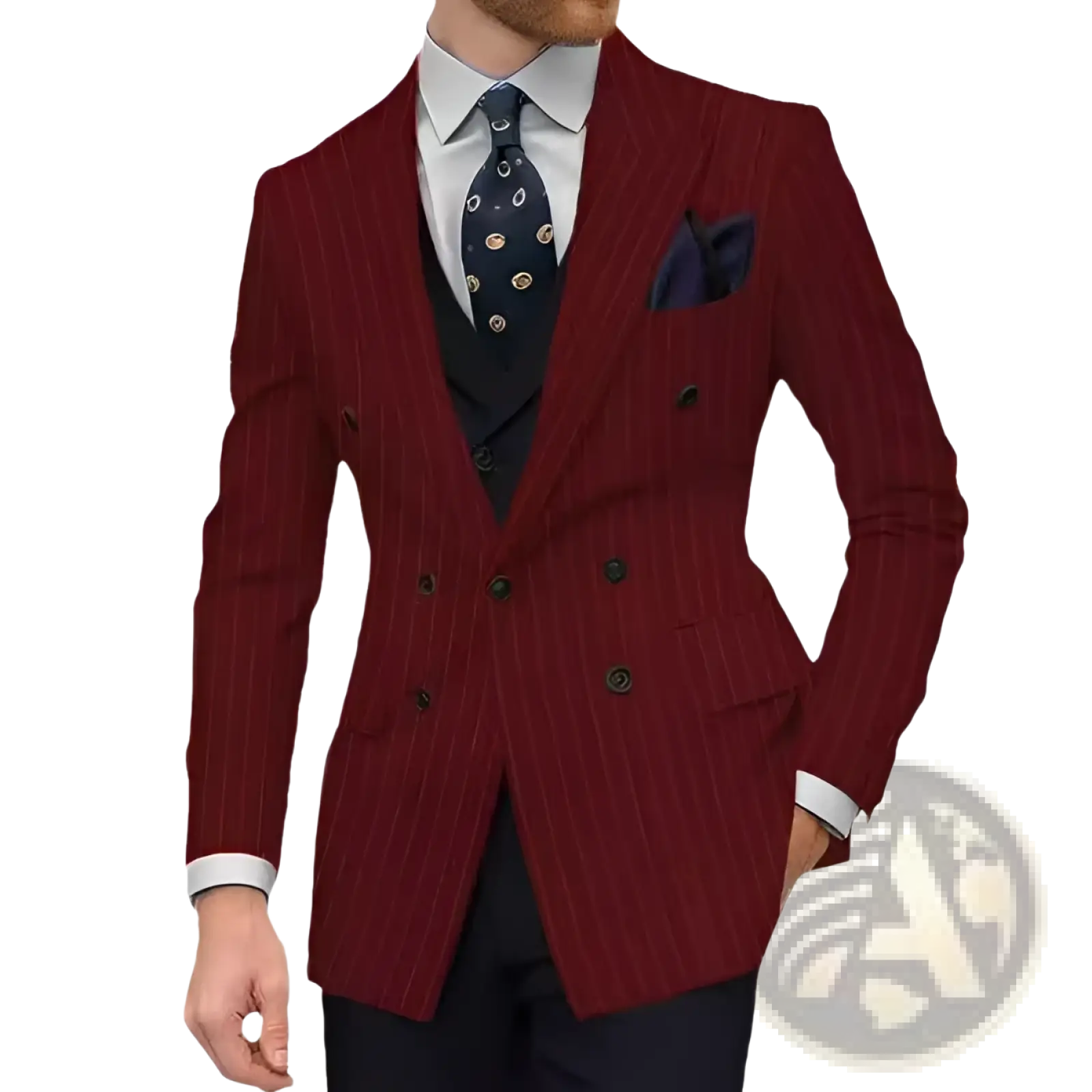 Men double breasted slim suit jacket in rich burgundy with fine vertical pinstripes and dark buttons
