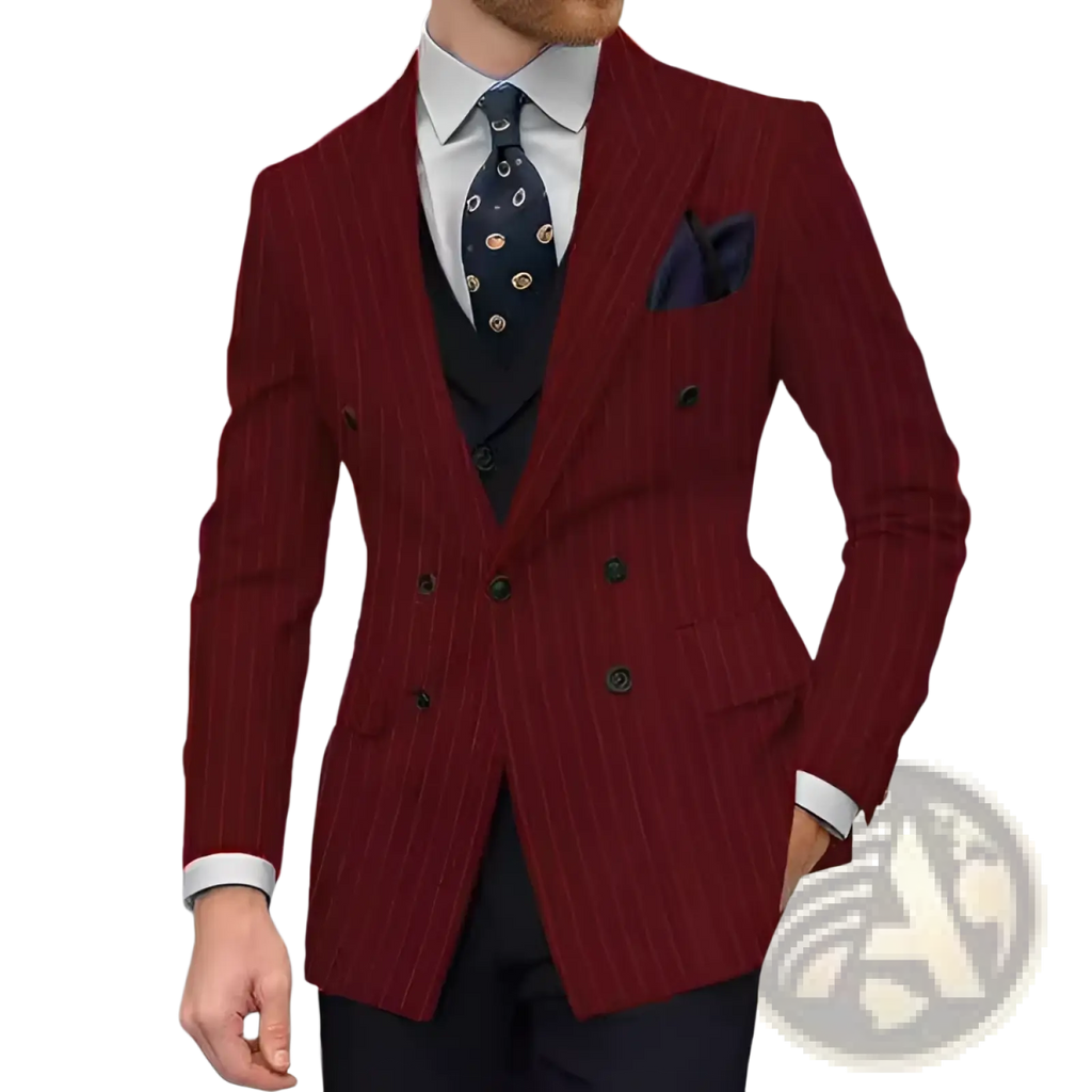 Men double breasted slim suit jacket in rich burgundy with fine vertical pinstripes and dark green buttons