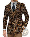 Men double breasted slim suit jacket featuring a textured leopard print fabric with brown and black spots