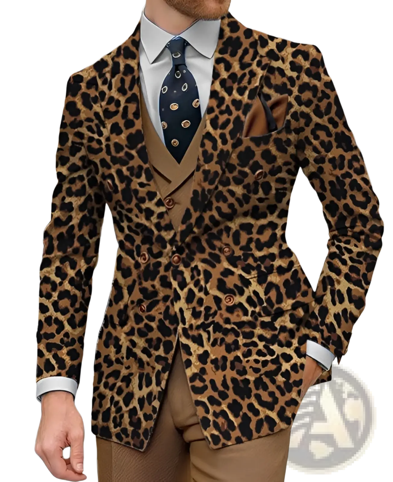 Men double breasted slim suit jacket featuring a textured leopard print fabric with brown and black spots