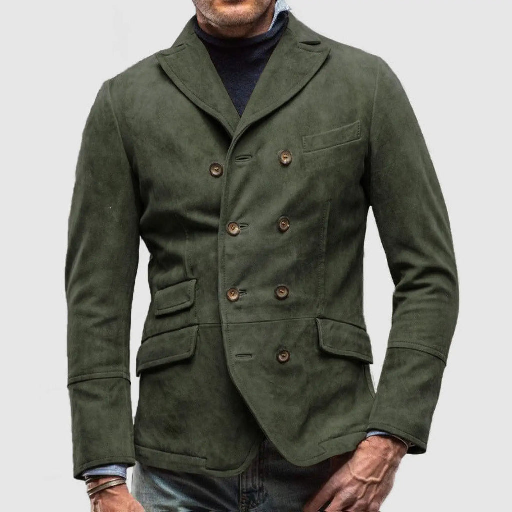 Men double breasted suede blazer jacket in olive green with brown buttons and flap pockets