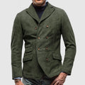 Men double breasted suede blazer jacket in olive green with brown buttons and flap pockets
