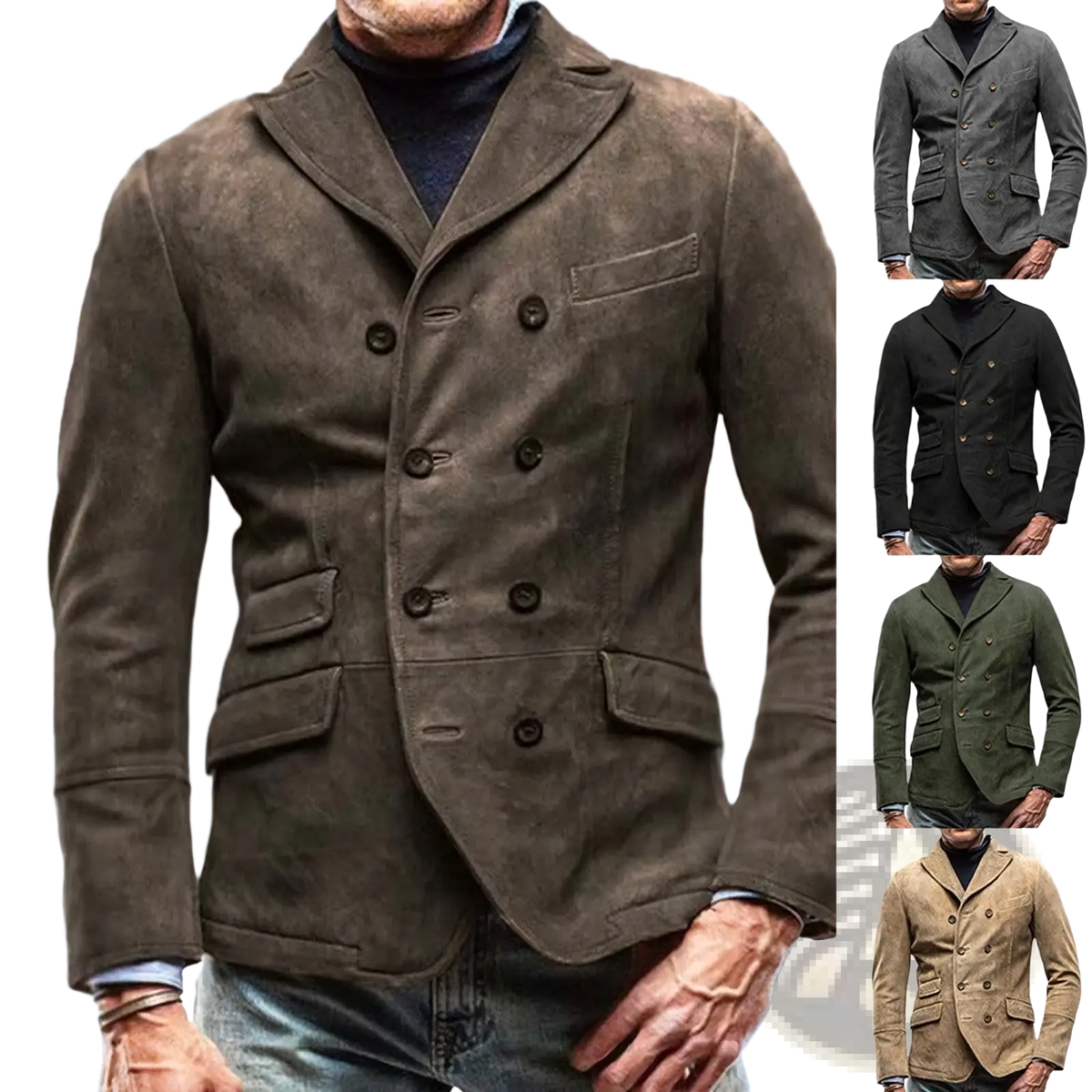 Men double breasted suede blazer jacket in brown with dark brown buttons and flap pockets for formal wear