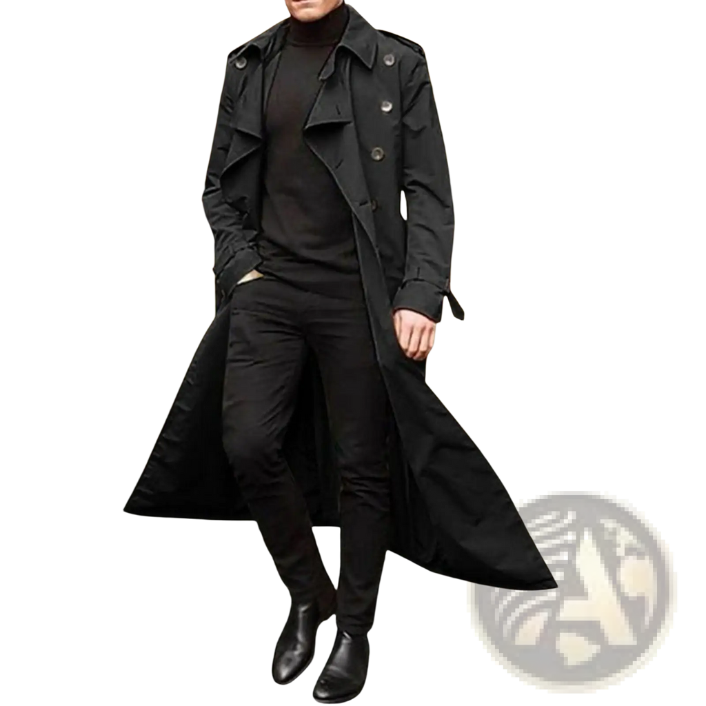 Men double breasted slim fit windbreaker trench coat in black with classic collar and button details