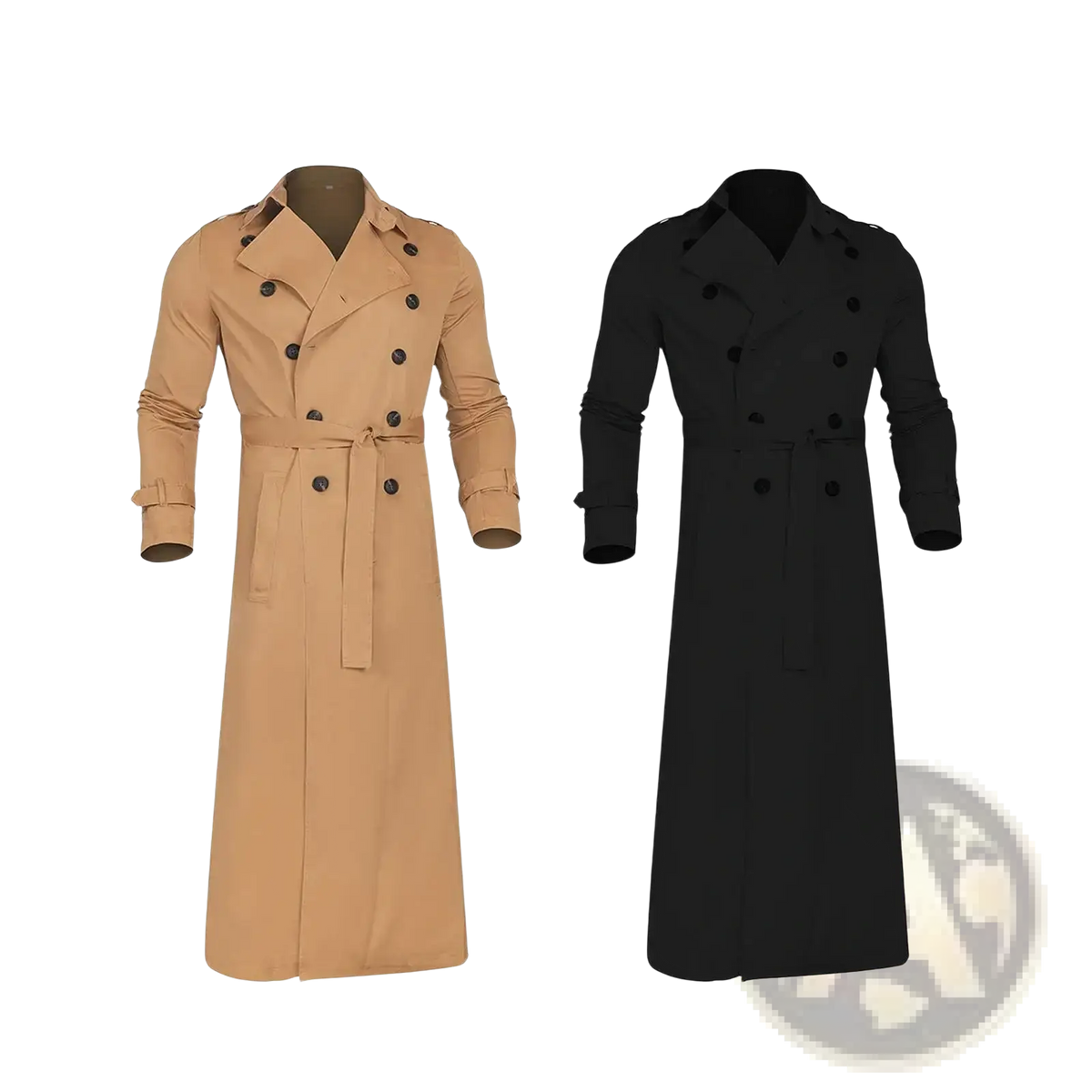 Men double breasted trench coat slim fit windbreaker in beige and black with belted waist and buttoned cuffs