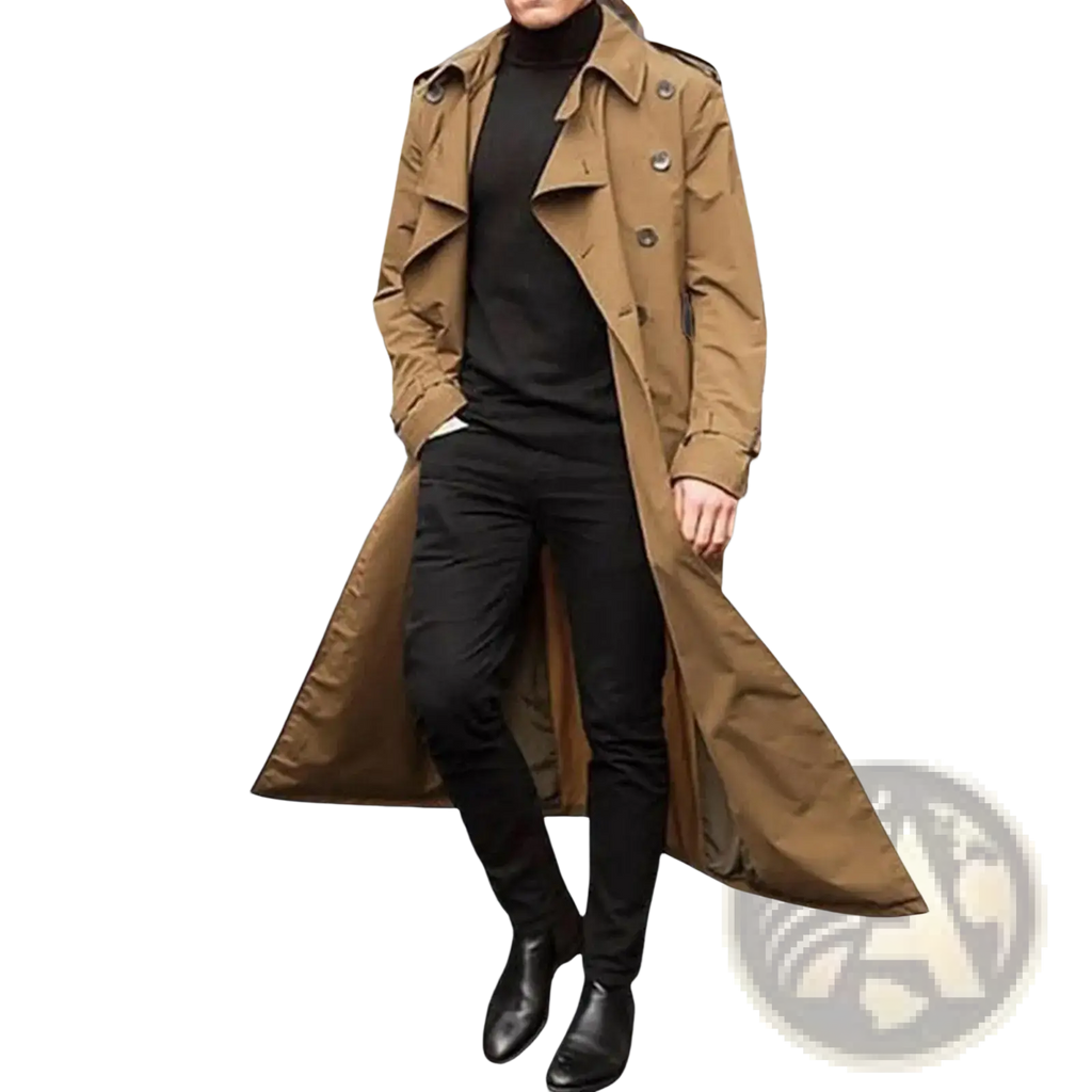 Men double breasted slim fit tan trench coat with epaulets and buttoned cuffs windbreaker front view