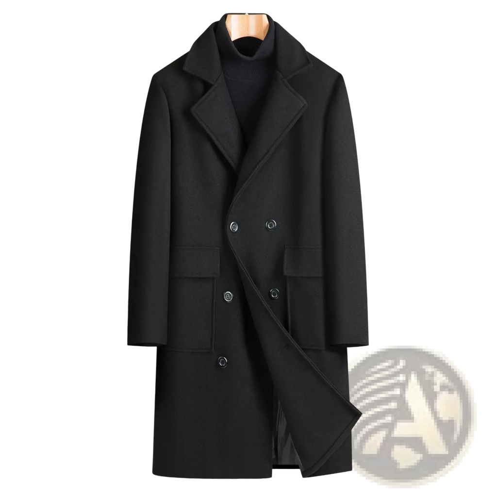 Men double breasted mid length black wool overcoat with notched lapels and silver toned buttons
