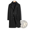 Men double breasted mid length black wool overcoat with notched lapels and silver toned buttons