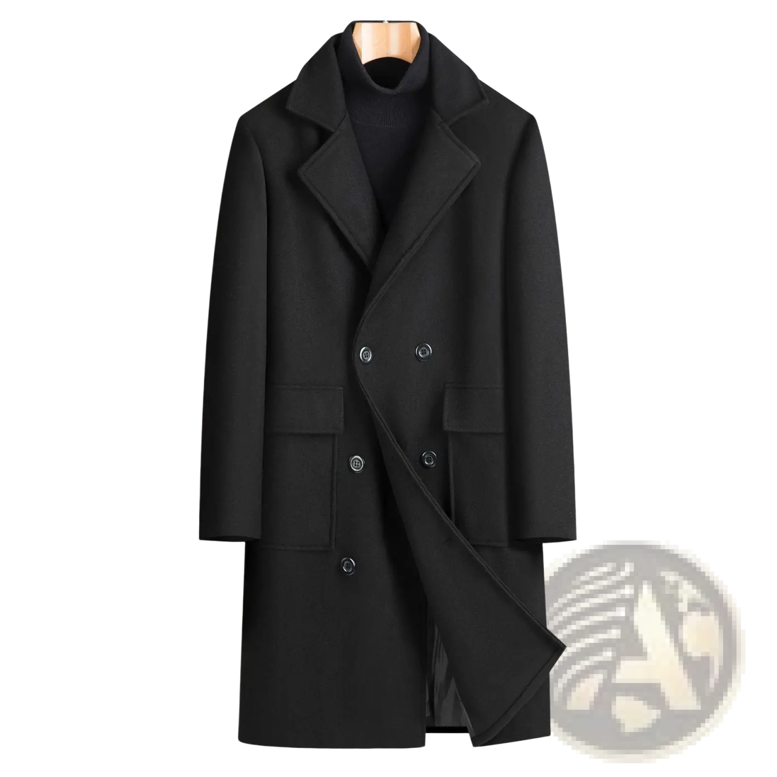 Men double breasted mid length black wool overcoat with notched lapels and silver toned buttons