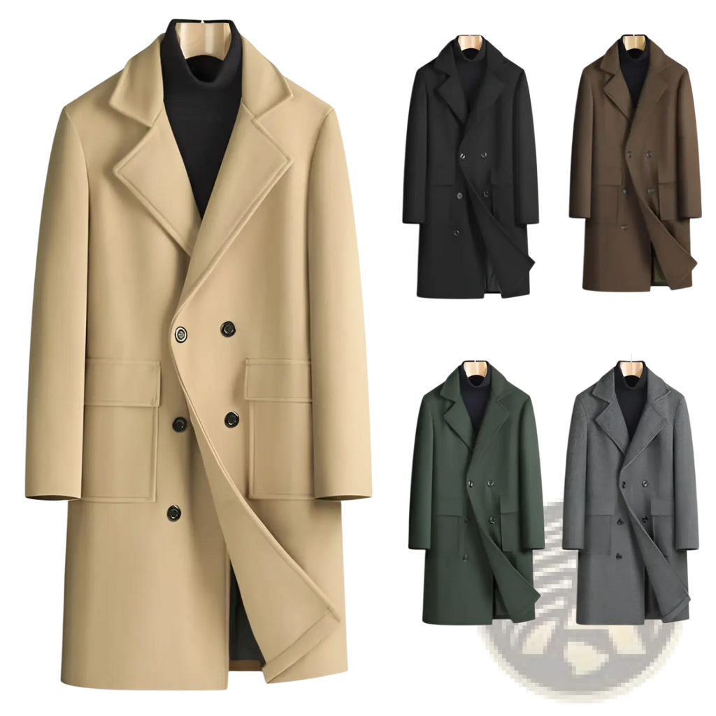 Beige men double breasted mid length wool overcoat with black buttons and flap pockets