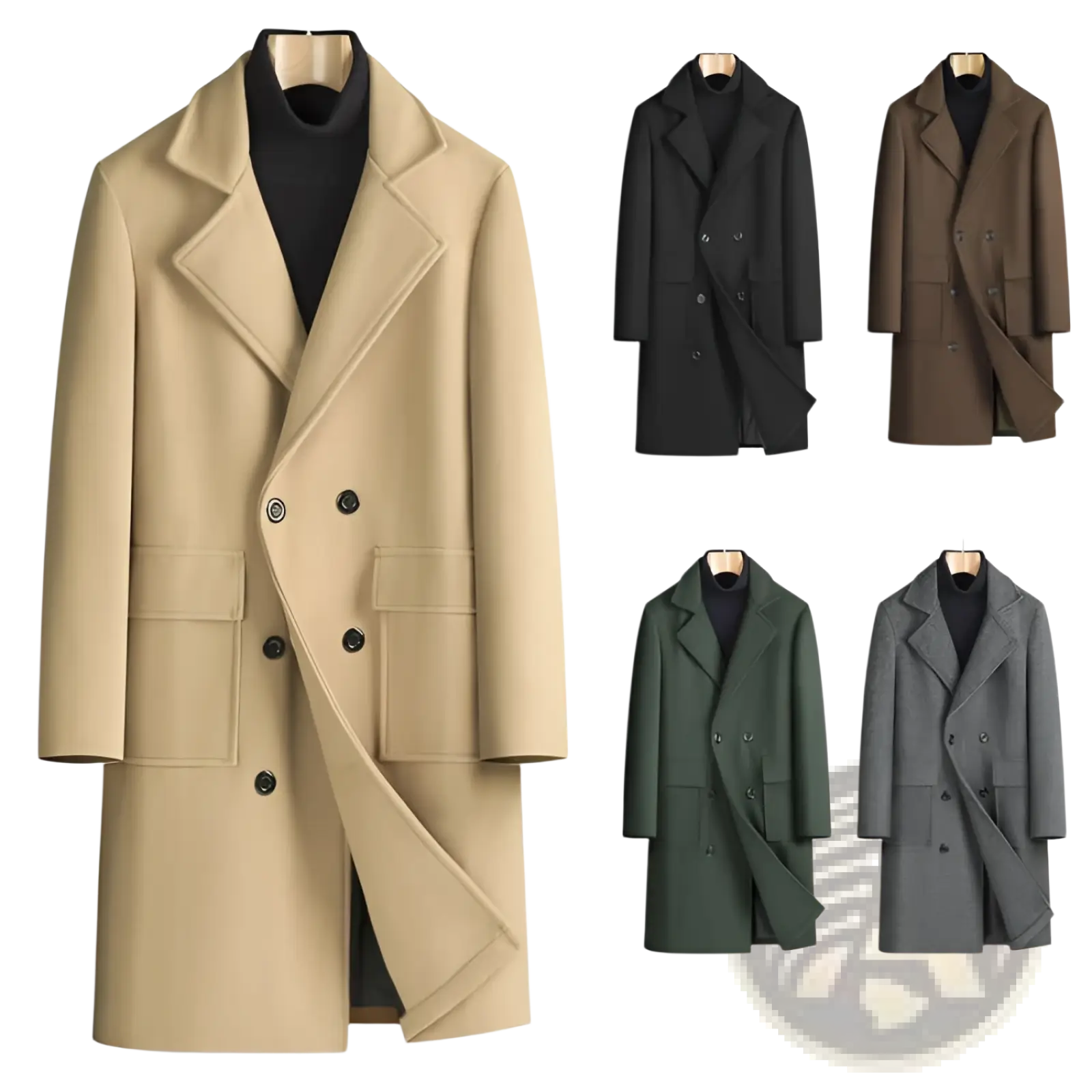 Beige men double breasted mid length wool overcoat with black buttons and flap pockets
