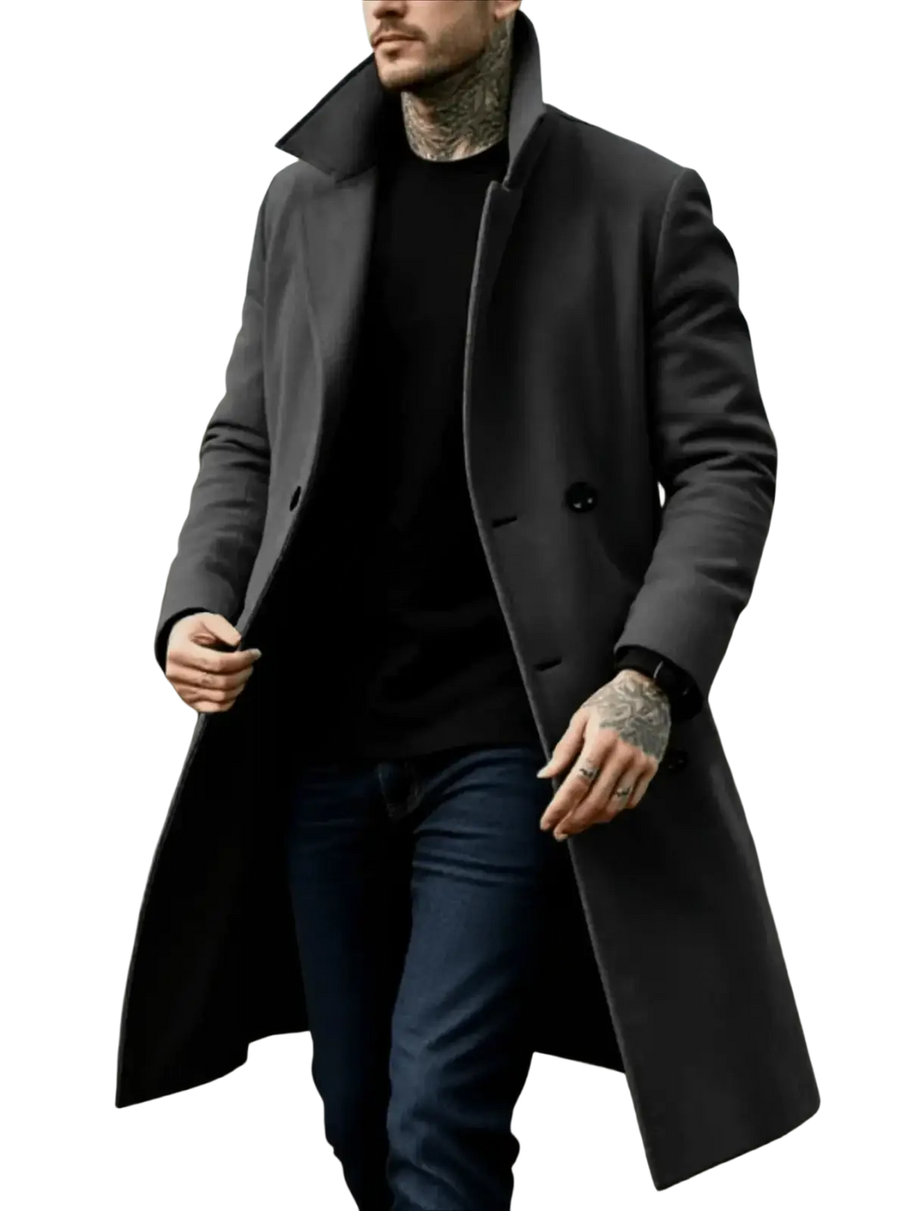 Dark gray double breasted wool overcoat with notched collar for men winter jacket outerwear