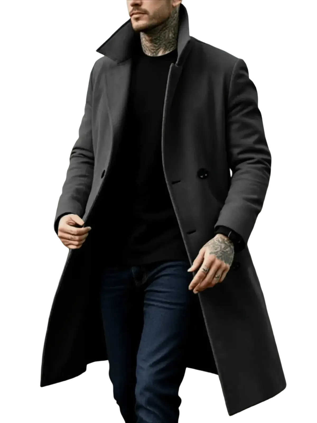 Dark gray double breasted wool overcoat with notched collar for men winter jacket outerwear
