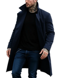 Navy blue double breasted wool overcoat with a high collar and tailored fit for men winter jacket