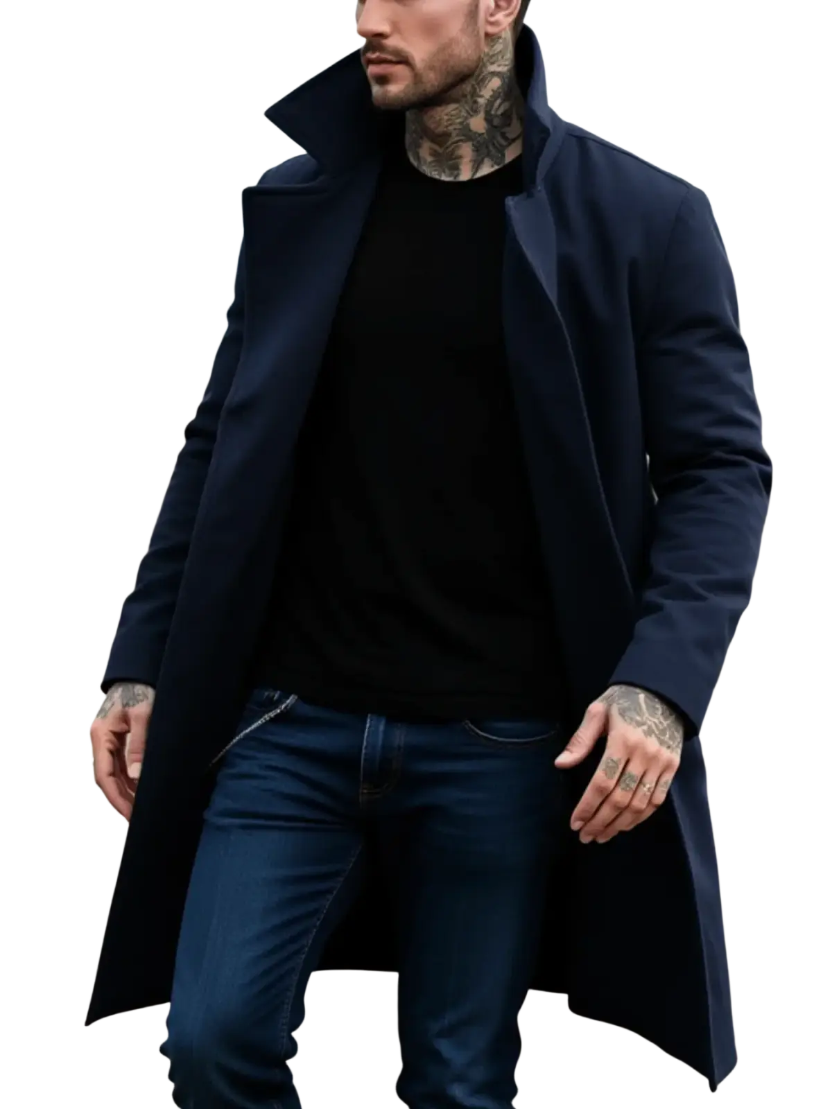 Navy blue double breasted wool overcoat with a high collar and tailored fit for men winter jacket