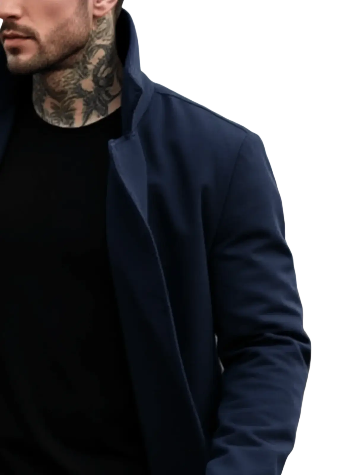 Navy blue tailored men double breasted wool overcoat with sleek modern design and subtle texture for winter wear