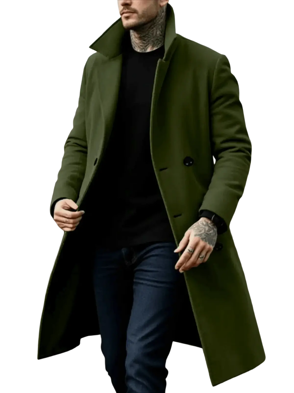 Olive green double breasted wool overcoat with notched collar and black buttons for men winter jacket