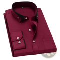 Men dress shirt maroon button-down with contrast black collar and cuffs silver buttons anti-wrinkle long sleeve