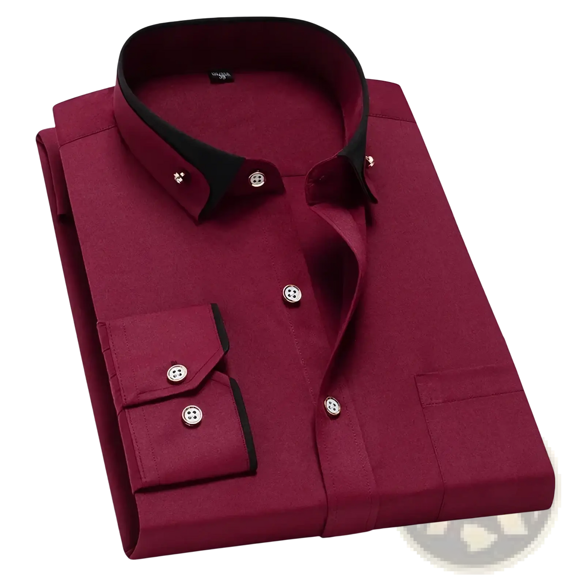 Men dress shirt maroon button-down with contrast black collar and cuffs silver buttons anti-wrinkle long sleeve