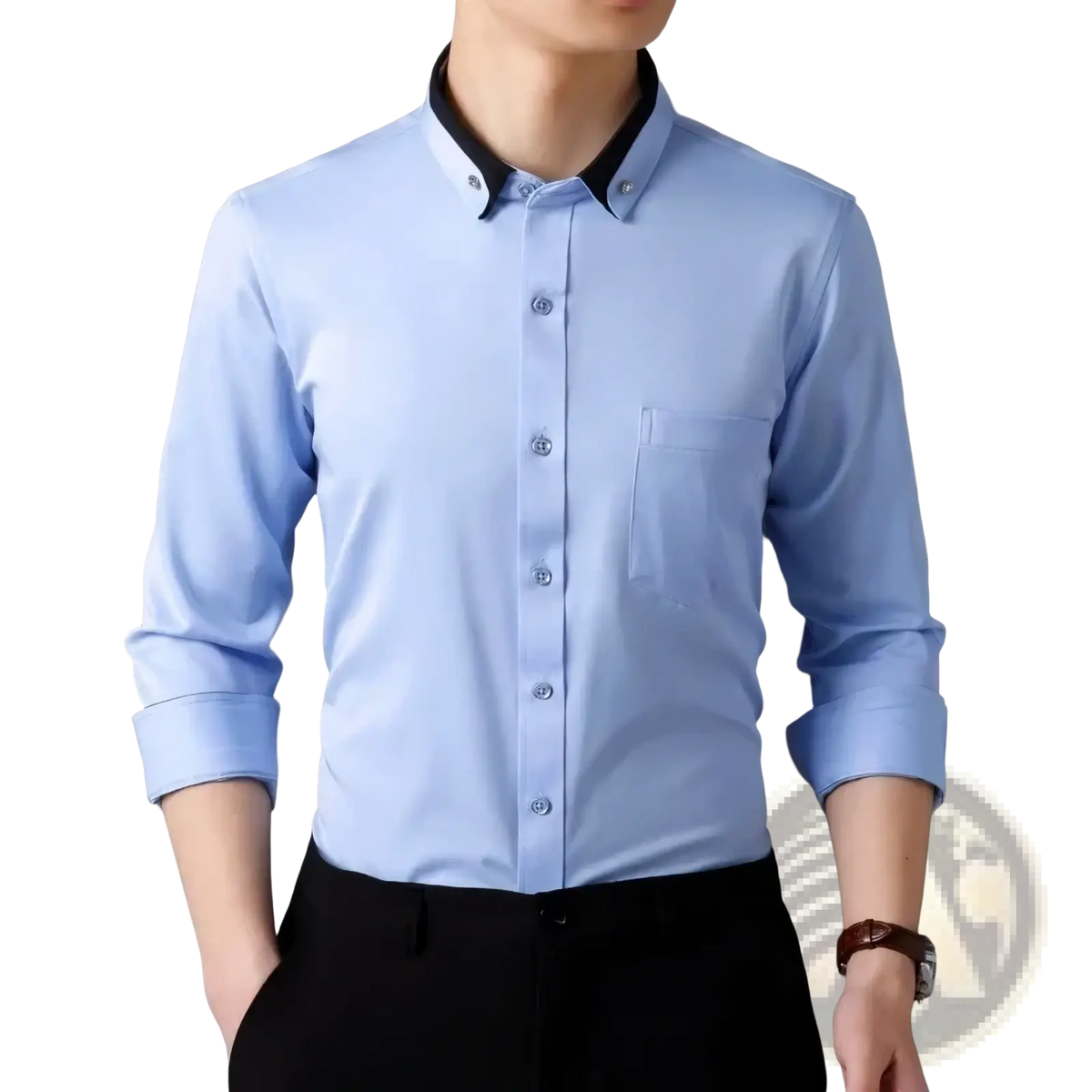 Men dress shirt in light blue with contrasting black collar and cuffs featuring anti-wrinkle long sleeves