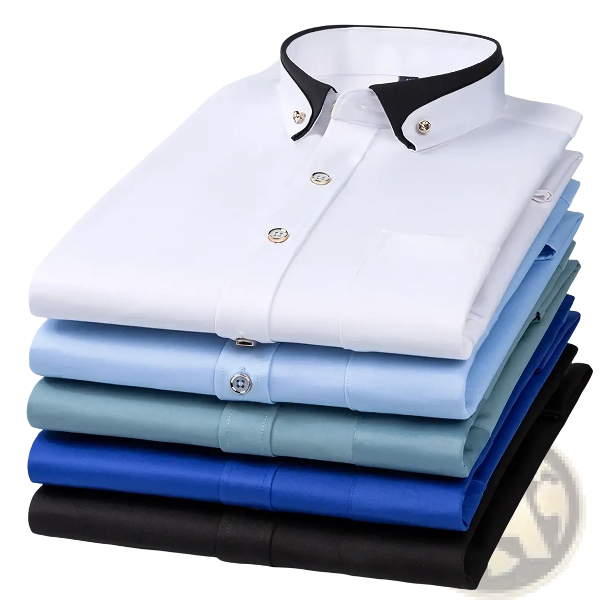 Stack of neatly folded men dress shirts with contrast black collar trim in white light blue teal royal blue and black