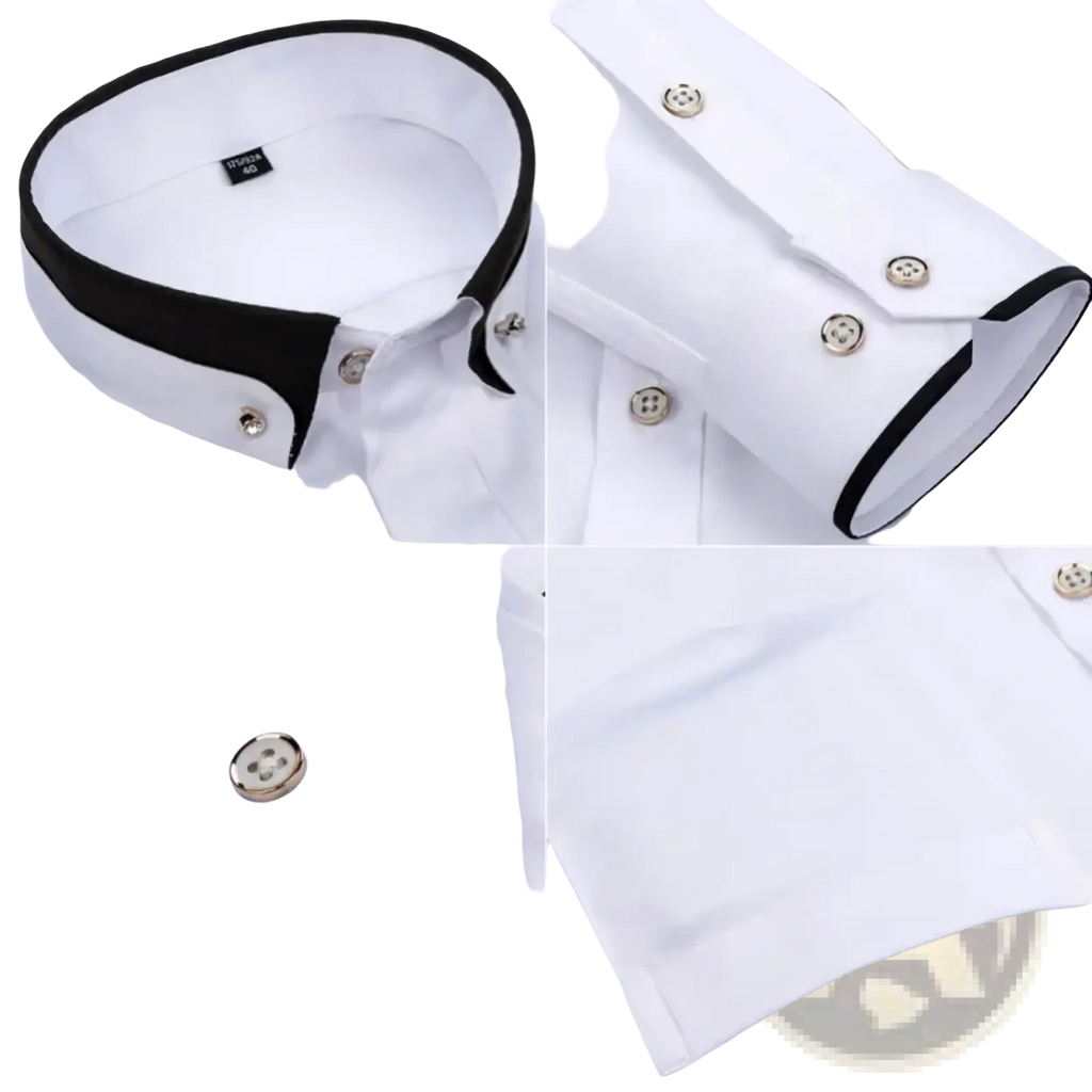 Men dress shirt with white fabric, black contrast collar and cuffs, silver-toned buttons, and anti-wrinkle long sleeves