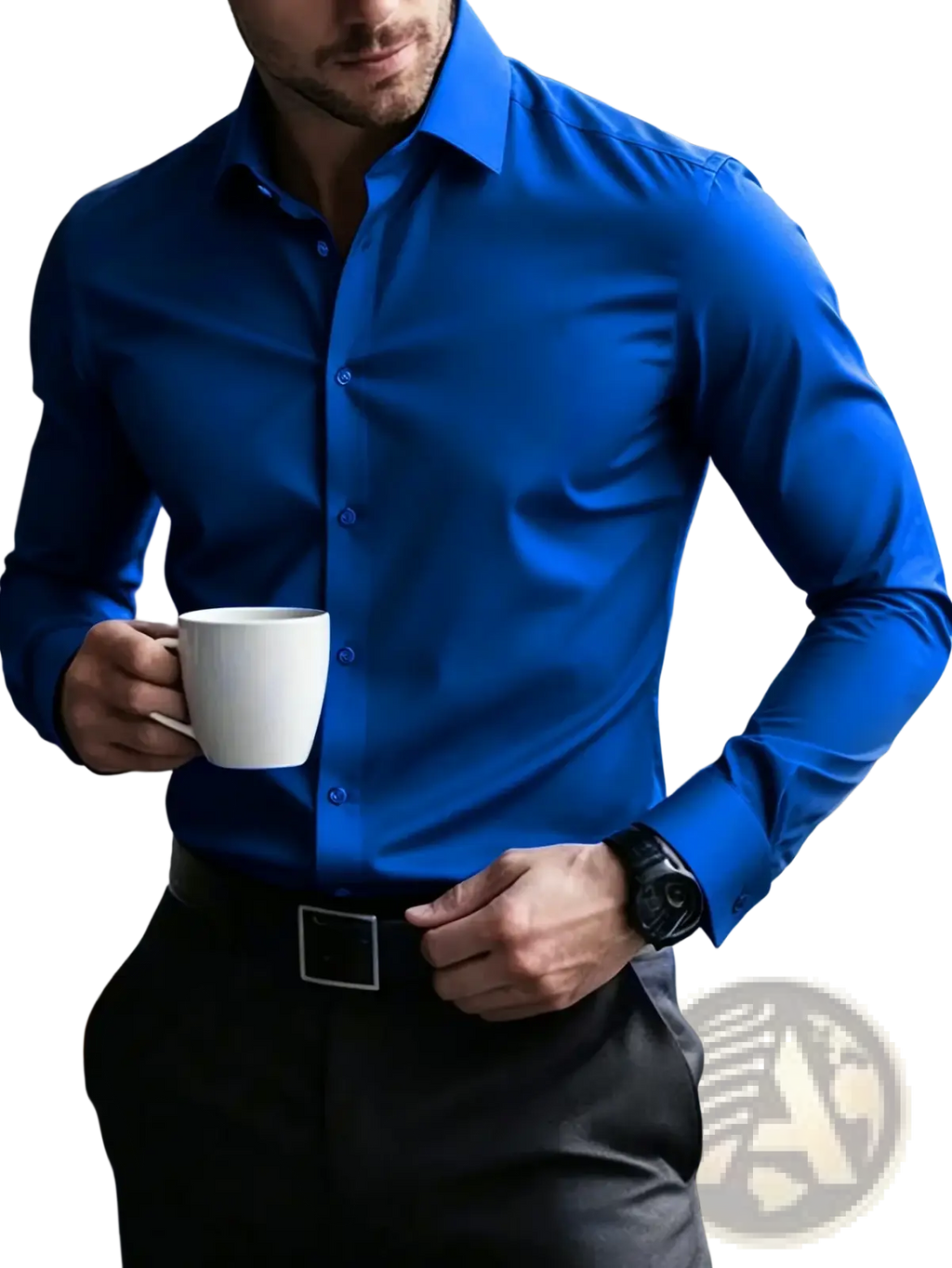 A man wearing a vibrant royal blue long sleeve smart casual dress shirt with a crisp collar and button-down front