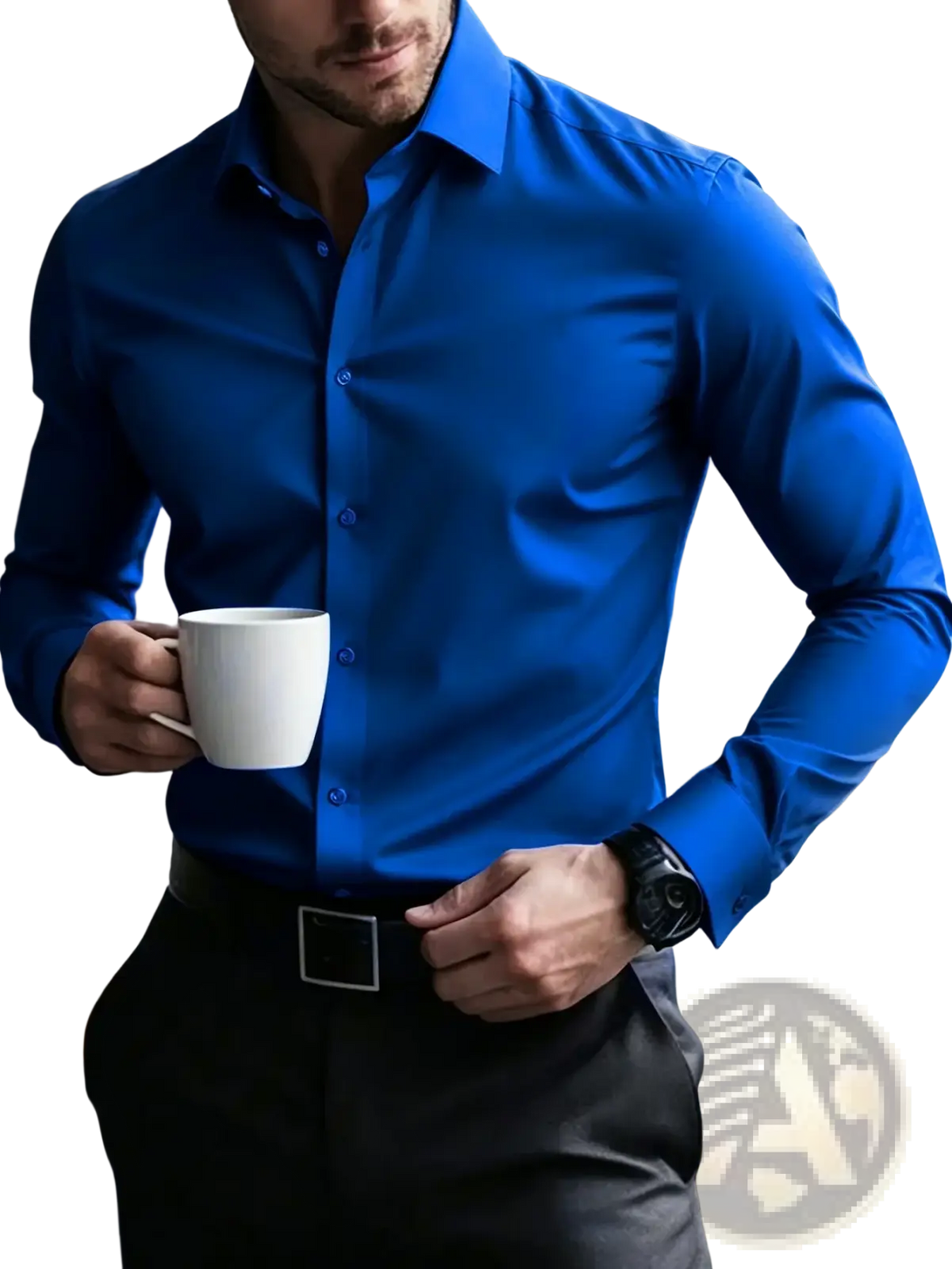 A man wearing a vibrant royal blue long sleeve smart casual dress shirt with a crisp collar and button-down front