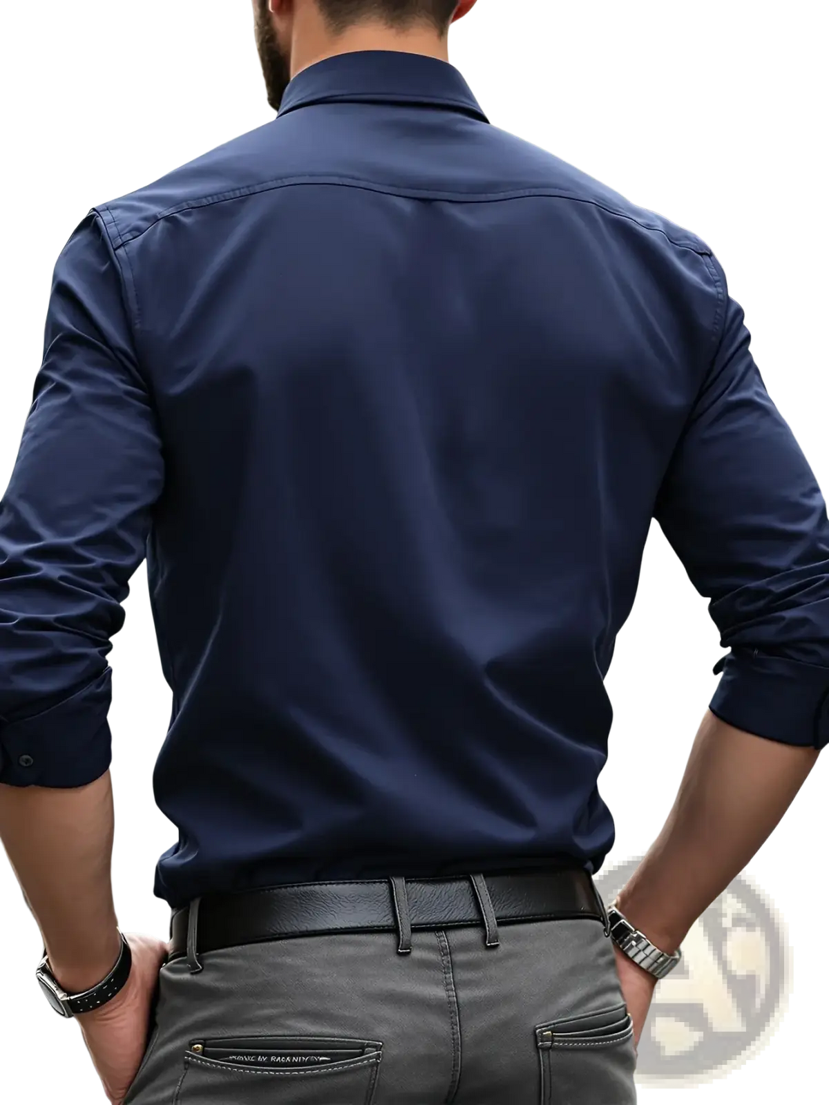 Men dress shirt navy blue long sleeve with crisp collar and subtle texture suitable for smart casual wear
