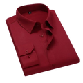 A crisp deep red men’s dress shirt with classic collar and buttoned cuffs for casual long wear or club party