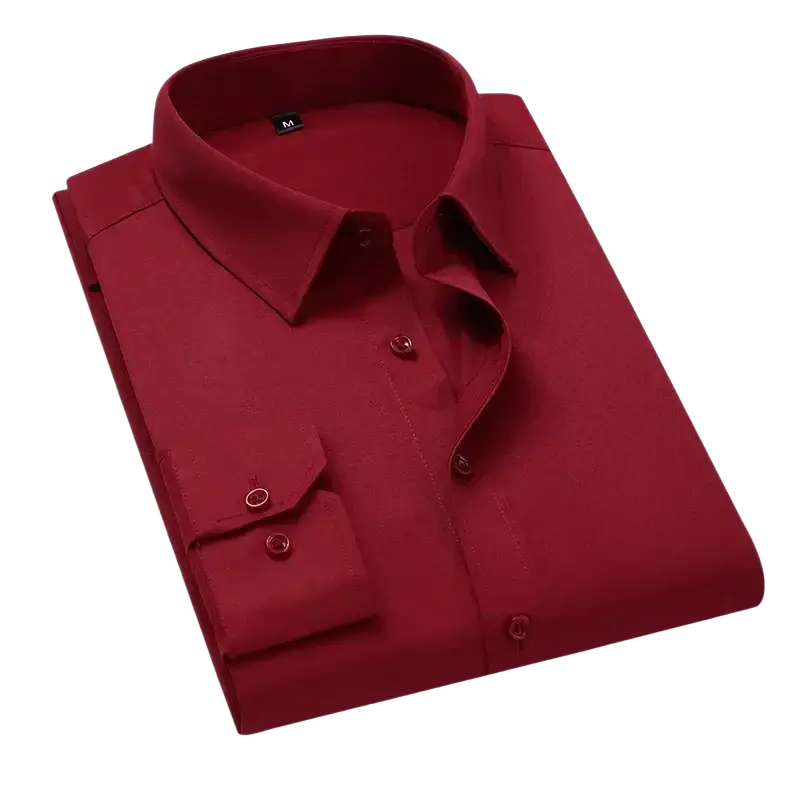 A crisp deep red men’s dress shirt with classic collar and buttoned cuffs for casual long wear or club party