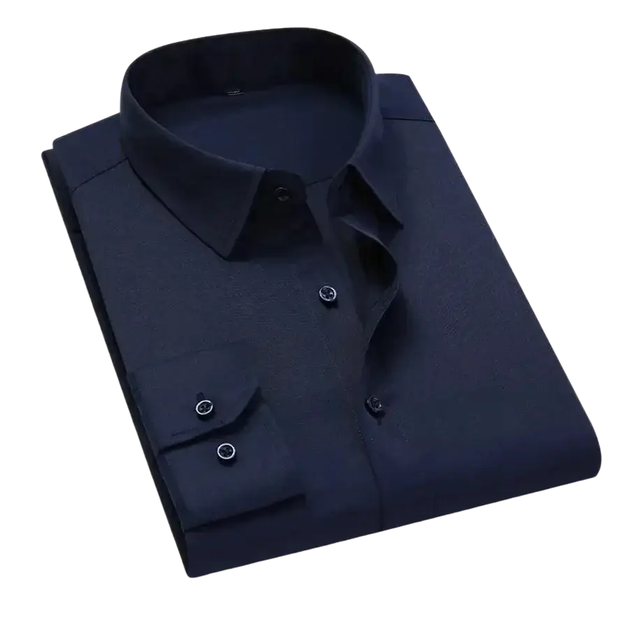Dark navy blue btsukimi men dress shirt with classic collar and buttoned cuffs for casual long wear and club party use