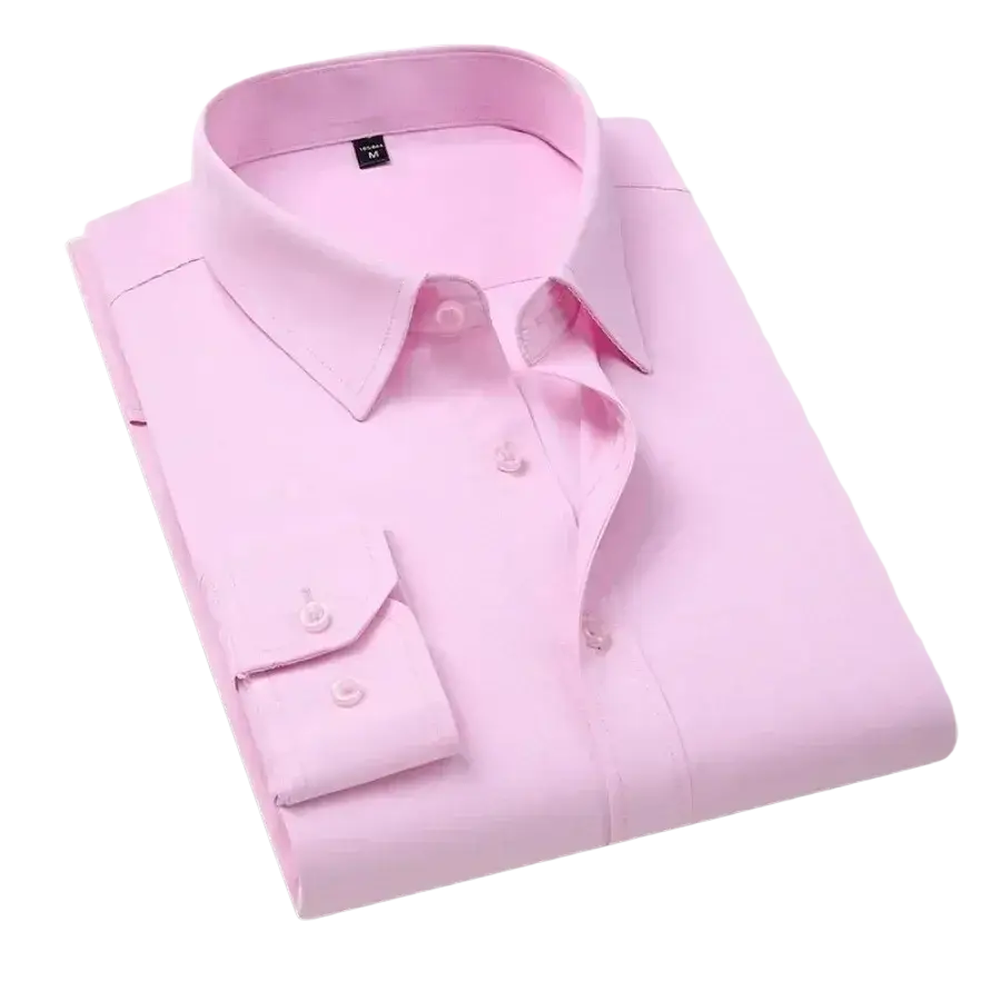 A neatly folded pink casual long sleeve dress shirt with classic collar and buttoned cuffs for business office wear