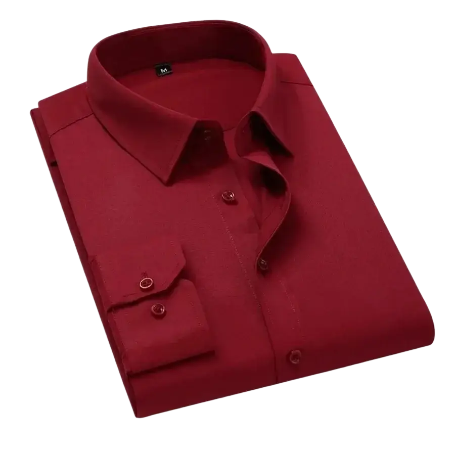 A rich burgundy btsukimi men’s casual long sleeve dress shirt with classic collar and buttoned cuffs for club party use