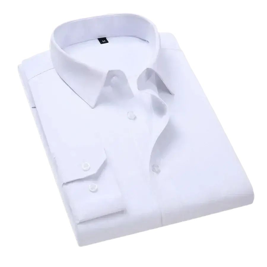 White crisp-fitting men dress shirt with classic collar and buttoned cuffs for casual long business office wear