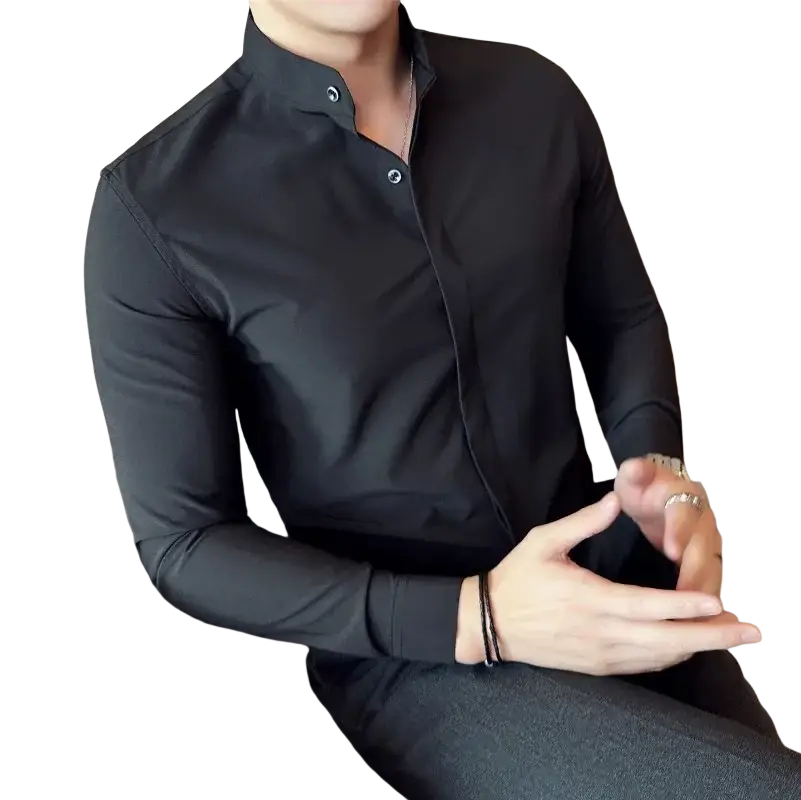 Men dress shirts slim fit black long-sleeved stand collar formal shirt with buttoned placket for correct size fit
