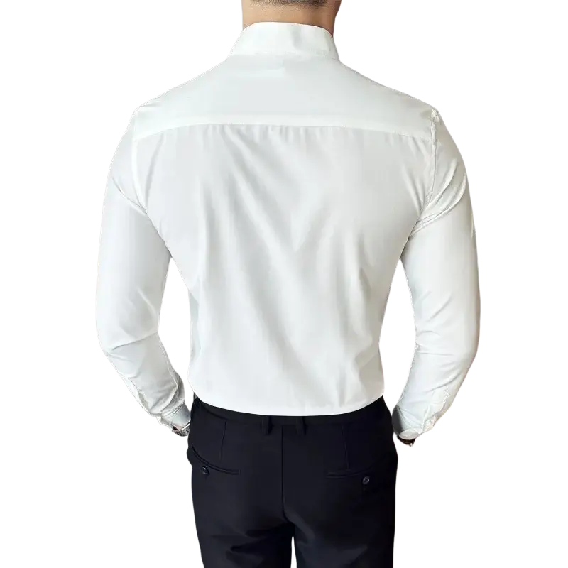 A crisp white slim fit men dress shirt with tailored fit and subtle stitching details for a correct size look