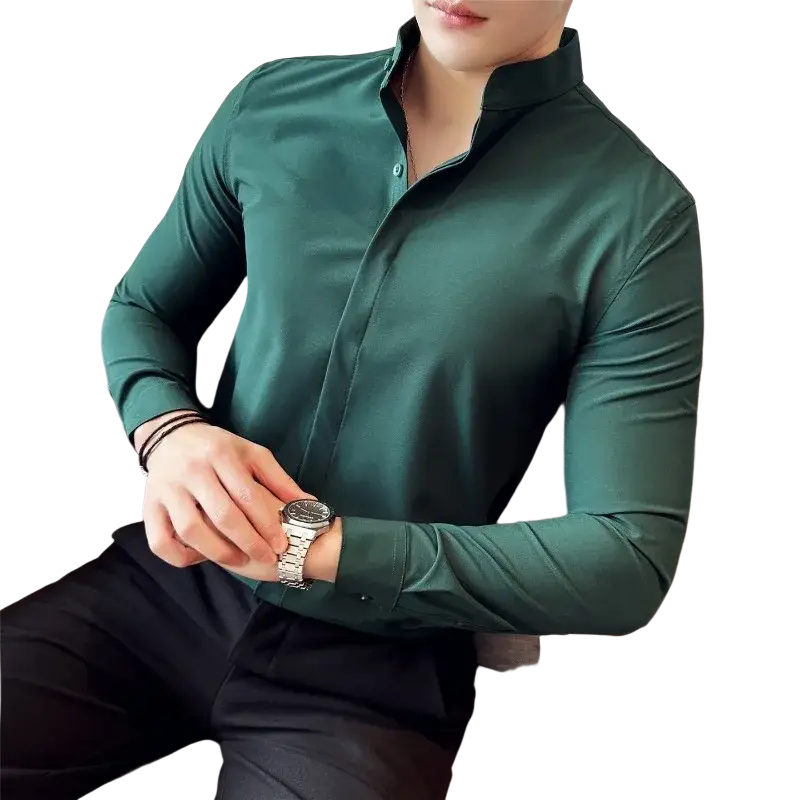 Men dress shirts slim fit stand collar formal shirt in dark green with long sleeves and button-down front for correct size