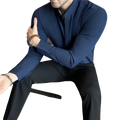 Navy blue slim fit men dress shirt with stand collar and buttoned cuffs designed for a formal correct size fit